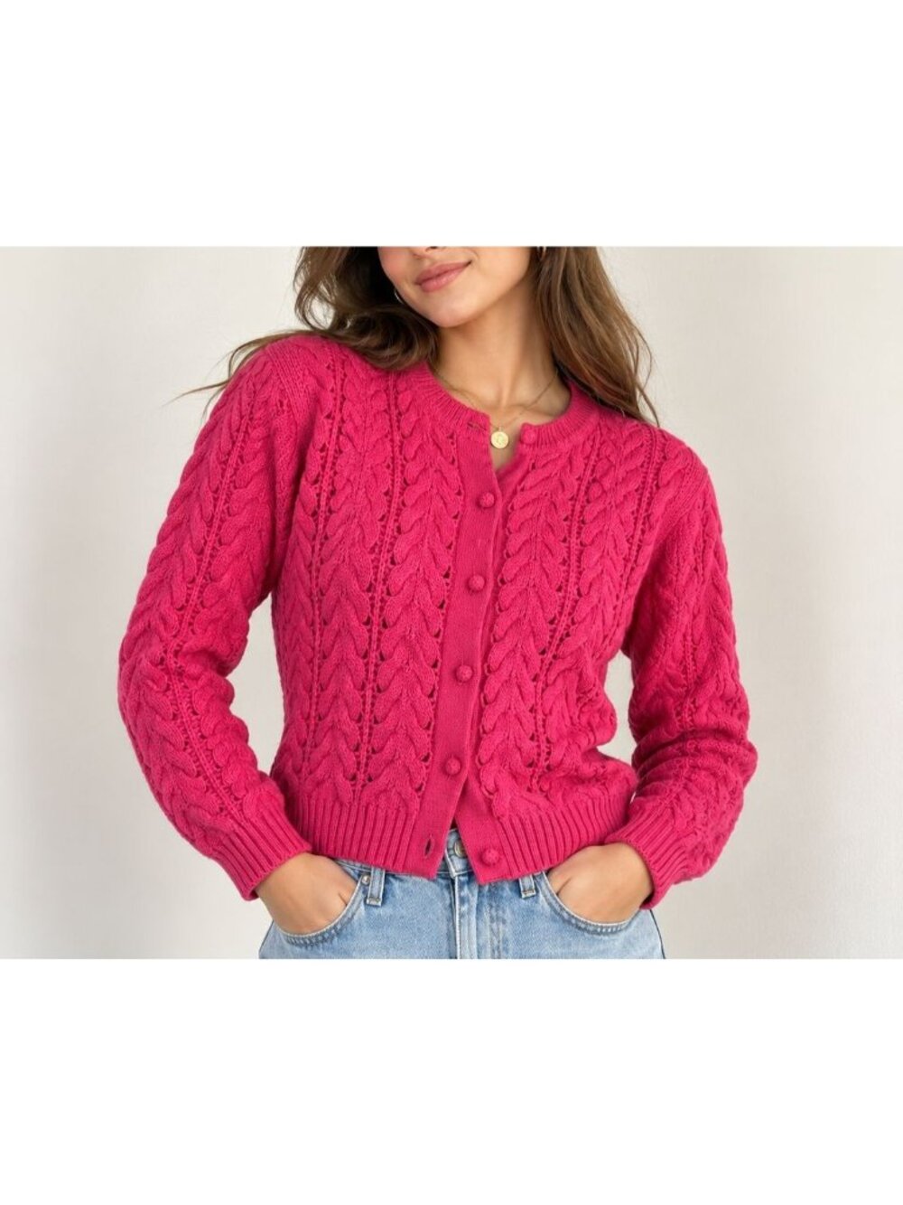Vintage Rayne Taylor Cottagecore Bright Pink Cable Knit Wool Cardigan Sweater